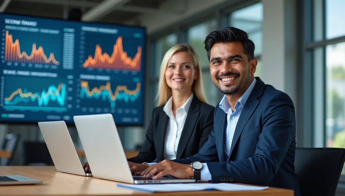 Dos profesionales mexicanos configuran juntos sistema digital financiero corporativo, enfatizando precisión y eficiencia en reportes para empresa.