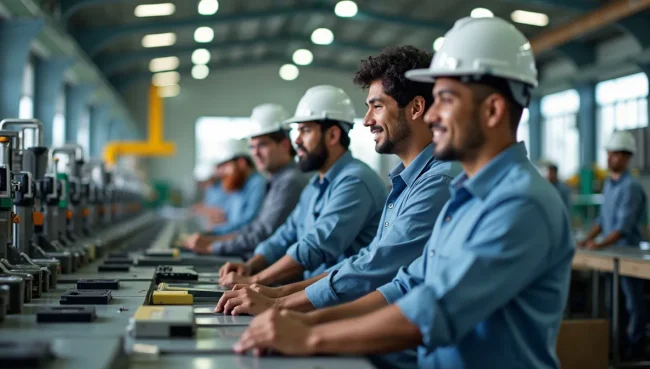Vista amplia de piso manufacturero mexicano con procesos de control de calidad, trabajadores profesionales monitoreando líneas de producción modernas.