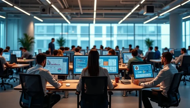 Espacio de trabajo corporativo con profesionales usando diferentes módulos empresariales en sus pantallas, ambiente colaborativo y tecnológico moderno.