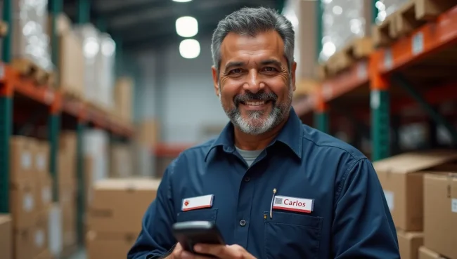 Gerente de almacén mexicano verificando mercancía entrante con escáner, representando el control de recepción de productos en operaciones logísticas.