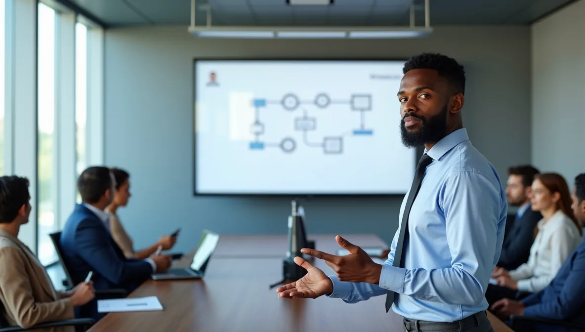 Profesional de TI mexicano explicando procesos de validación en pantalla grande, representando la capacitación en soluciones SAP Business One.