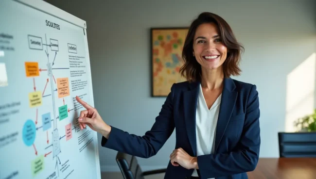 Consultora mexicana presentando soluciones en pizarra con diagramas, demostrando metodología estructurada para resolver errores de fecha en SAP.