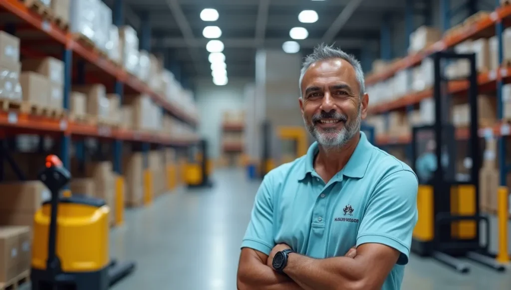 Supervisor de almacén mexicano gestionando inventarios con tecnología avanzada, ilustrando los diferentes métodos de emisión de materiales productivos.