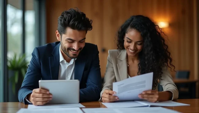 Dos ejecutivos mexicanos revisando documentos en tabletas digitales ilustrando condiciones comerciales aplicadas automáticamente por acuerdos globales.