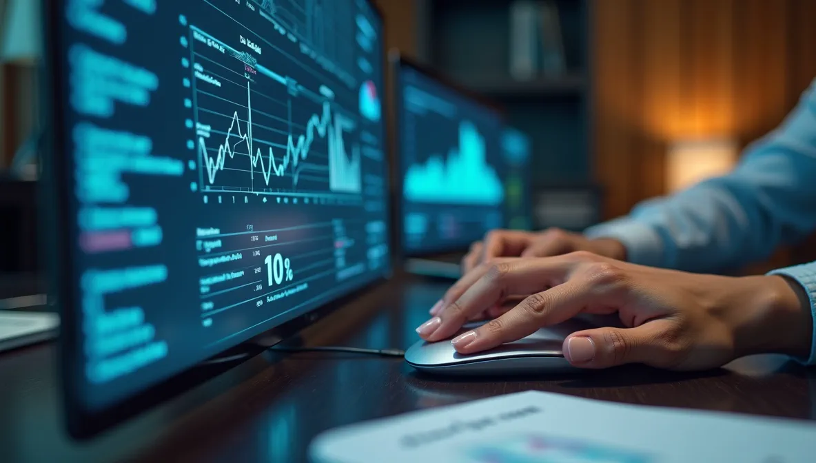 Profesional mexicano interactúa paso a paso con interfaz digital moderna que representa visualmente generación fácil y rápida de informes financieros.