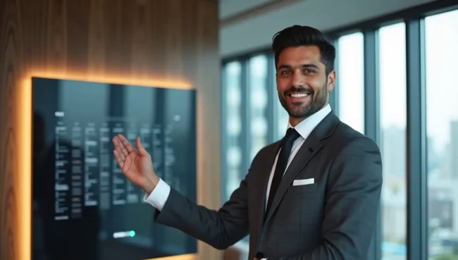 Ejecutivo mexicano señalando calendario digital en sala de juntas moderna, representando la configuración de fechas en periodos contables empresariales.