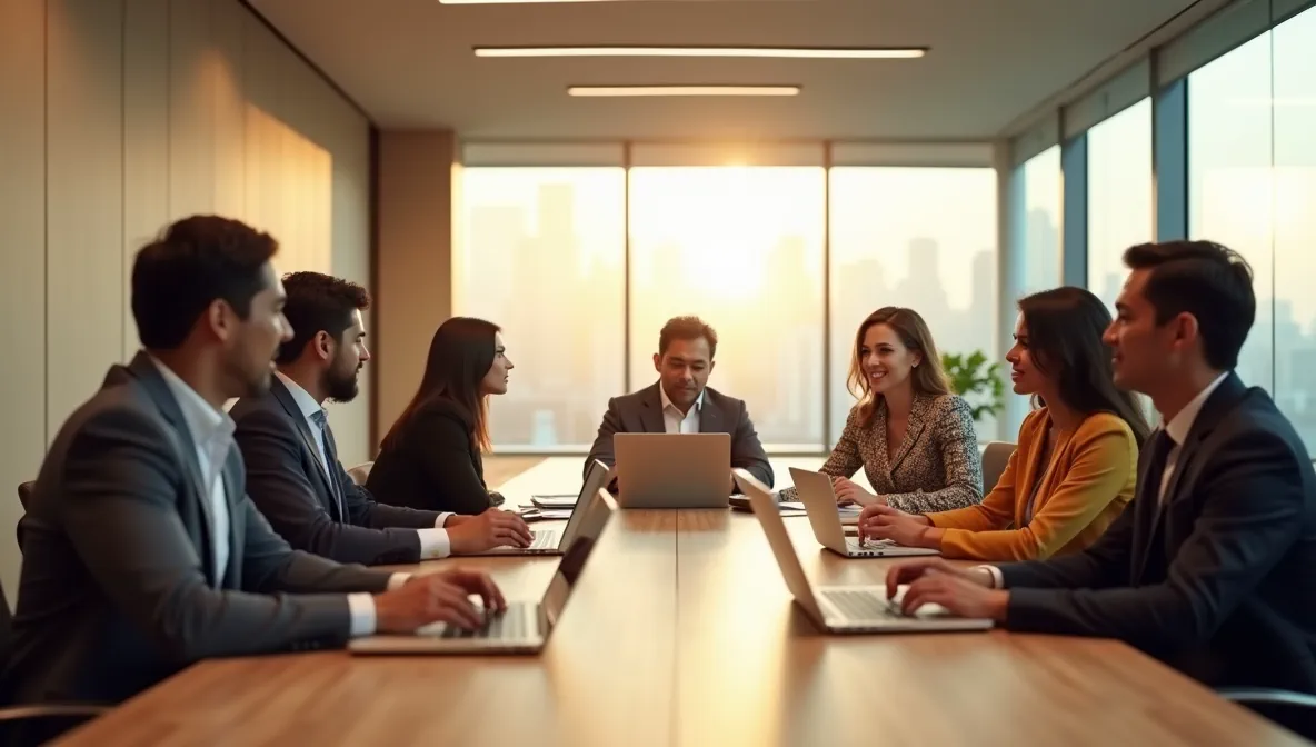 Profesionales mexicanos reunidos en sala empresarial moderna discutiendo estrategias prácticas y consejos efectivos para el cierre anual contable.
