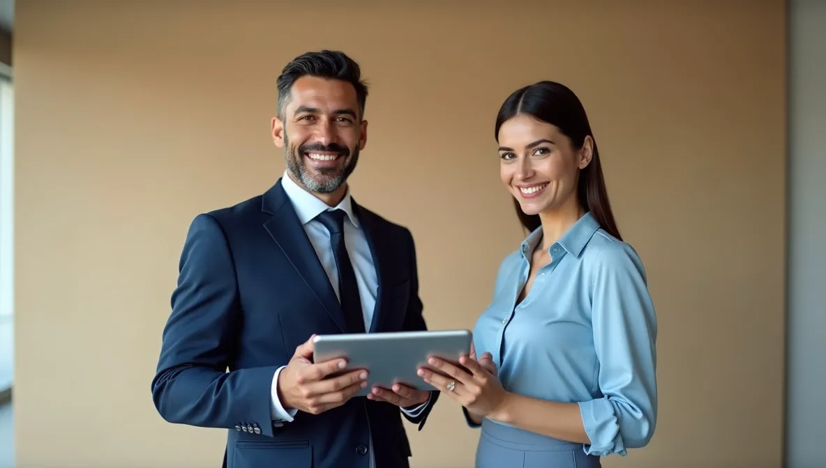Profesionales mexicanos compartiendo documentos digitales en tablets, representando facilidad para copiar y compartir formularios en oficina corporativa.