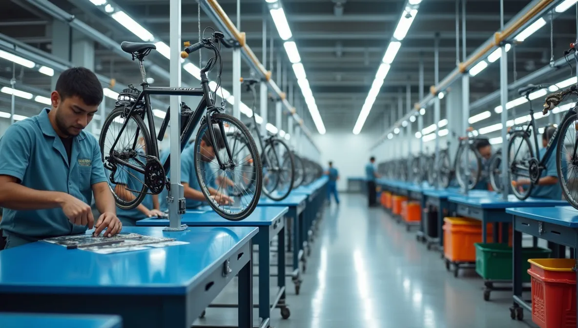 Línea de montaje de bicicletas con trabajadores mexicanos ensamblando componentes organizadamente, reflejando uso práctico de listas de materiales.
