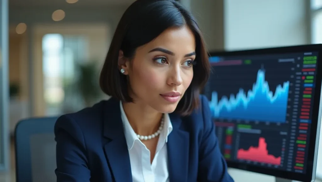 Analista financiera mexicana revisando dashboards contables en monitores duales, mostrando el impacto sistémico de las emisiones de producción.