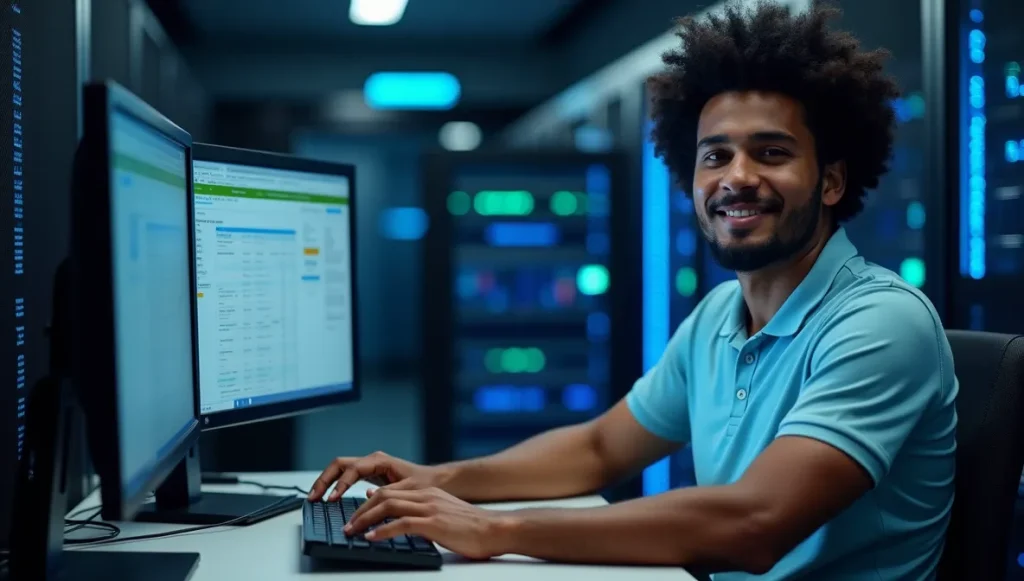 Administrador de sistemas mexicano configurando SAP Business One en monitores duales con servidores al fondo, representando implementación técnica.