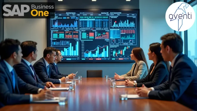 Ejecutivos mexicanos en sala de juntas revisando reportes financieros en pantalla, analizando datos de gestión y control de caja chica empresarial.