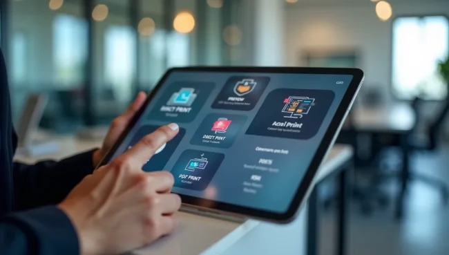 Pantalla digital maneja opciones visuales de impresión directa, vista previa y PDF, sostenida por profesional mexicano en ambiente corporativo contemporáneo.