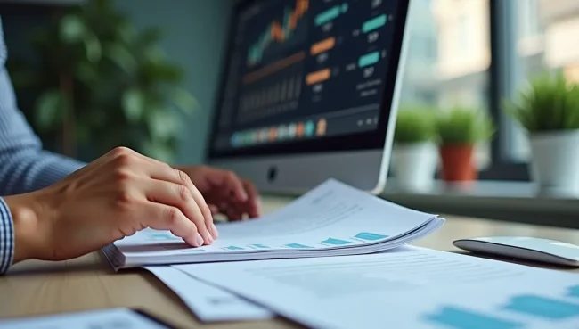 Contador mexicano verificando reportes y facturas impresas, validando la correcta ejecución del proceso de reclamaciones en sistema empresarial.