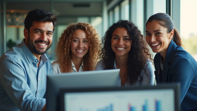 Equipo mexicano colaborando en oficina moderna con múltiples monitores sincronizados, demostrando productividad y eficiencia empresarial integrada.