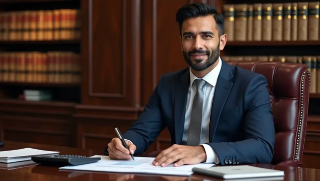 Consultor fiscal mexicano revisando documentos contables en oficina elegante, representando aspectos legales de facturación por anticipos.