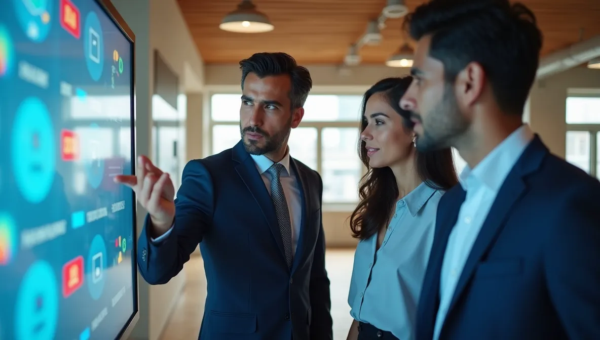 Profesionales mexicanos analizando interfaz digital sobre control eficiente y gestión de actualizaciones en listas de materiales SAP Business One.