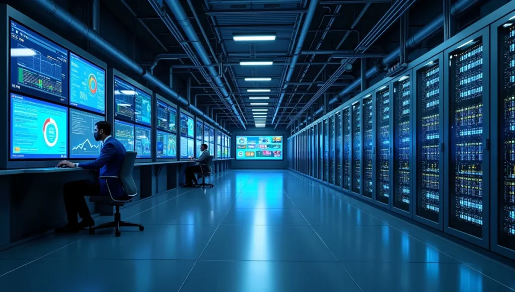 Centro de datos corporativo moderno con servidores y pantallas de monitoreo, representando la infraestructura para implementación de procesos.