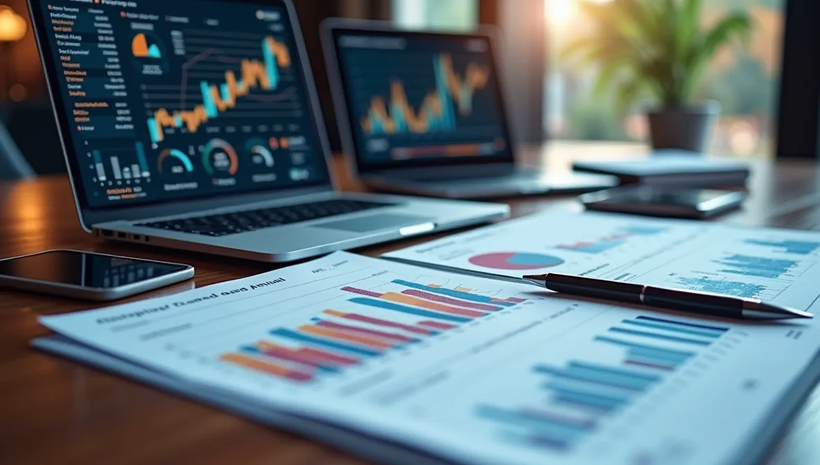 Primer plano detallado de documentos financieros clave e interfaces digitales representando reportes esenciales antes y después del cierre anual.