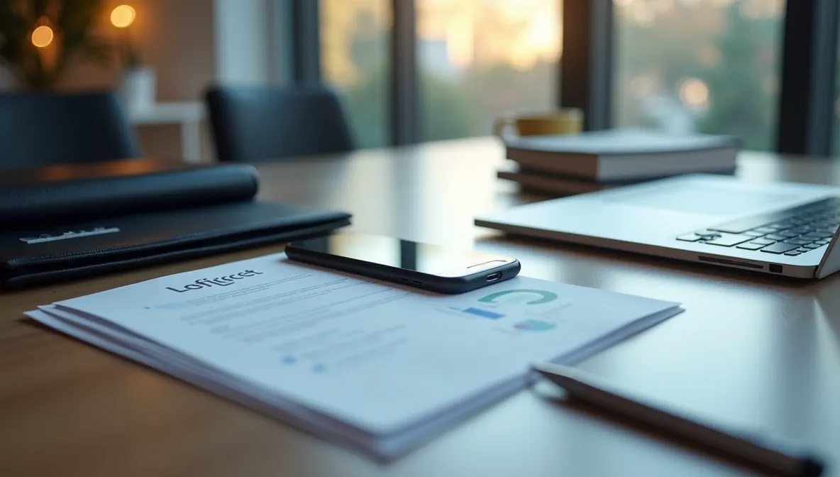 Documentos y dispositivos ordenados en mesa corporativa representando orden y eficiencia en implementación de mejores prácticas con formularios ERP.