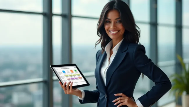 Profesional mexicana con tablet mostrando diagrama de procesos en oficina moderna, representando mejores prácticas en gestión contable empresarial.