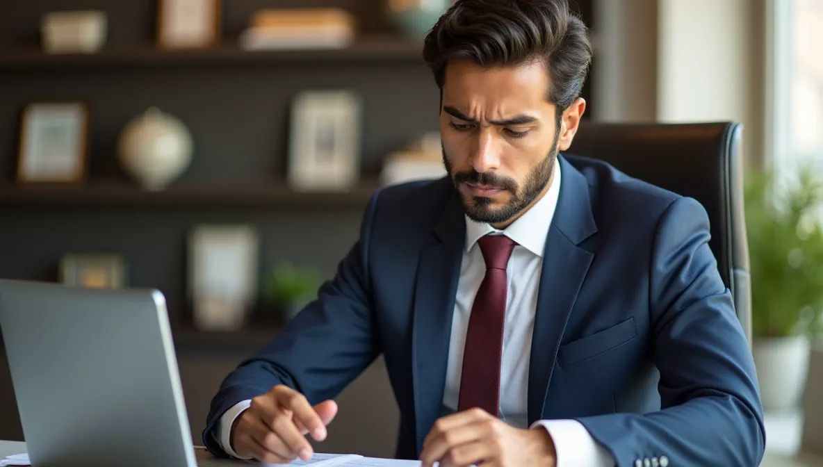 Gerente financiero mexicano resolviendo problemas en informes contables en moderno entorno corporativo, representando desafíos frecuentes del reporte.