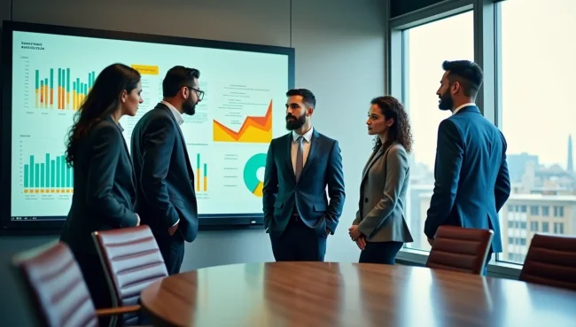 Equipo ejecutivo mexicano revisando reportes financieros en pizarra interactiva, representando el análisis profesional de información contable empresarial.