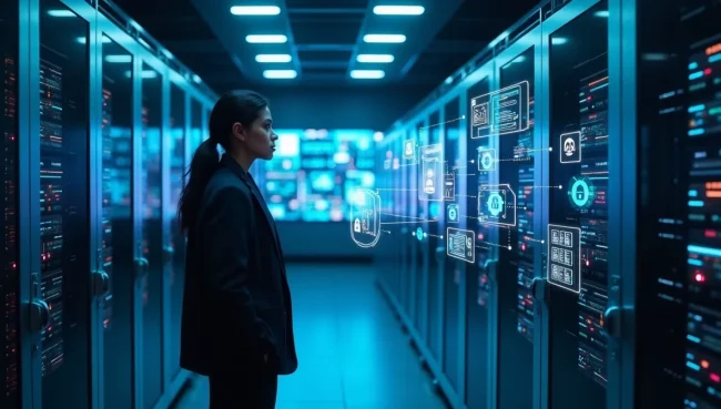 Centro de datos seguro con servidores y símbolos de encriptación digital, especialista mexicano monitoreando sistemas de seguridad empresarial.
