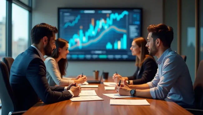 Equipo empresarial mexicano analizando reportes financieros en sala de juntas moderna, representando los beneficios de implementación de sistemas contables.