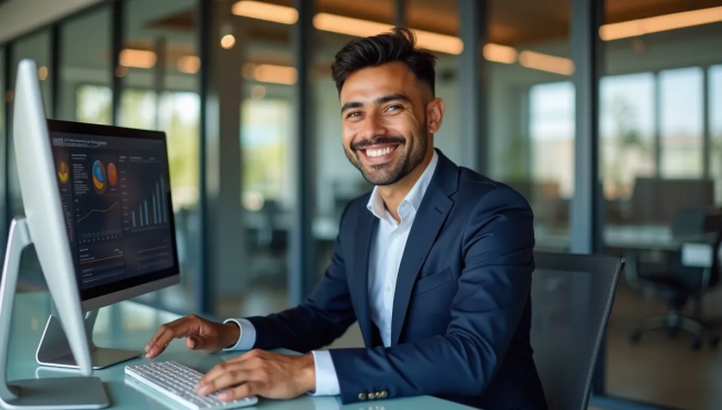 Gerente de ventas mexicano usando sistema CRM en configuración de doble monitor, representando gestión moderna de relaciones con clientes.