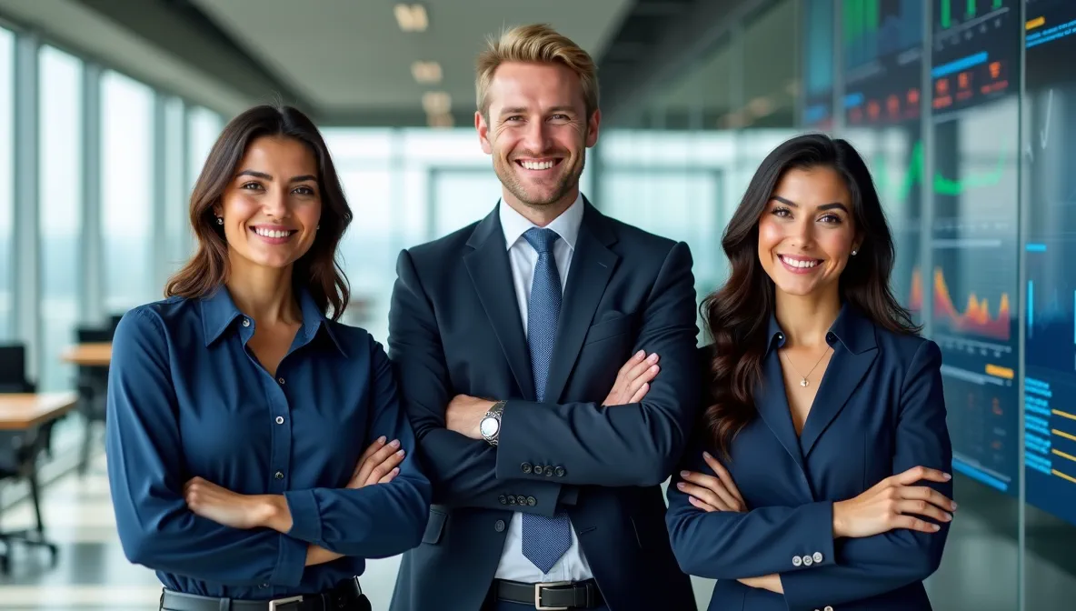 Profesionales mexicanos, confiados y sonrientes en ambiente corporativo digital, destacan ventajas estratégicas de gestión financiera en tiempo real.