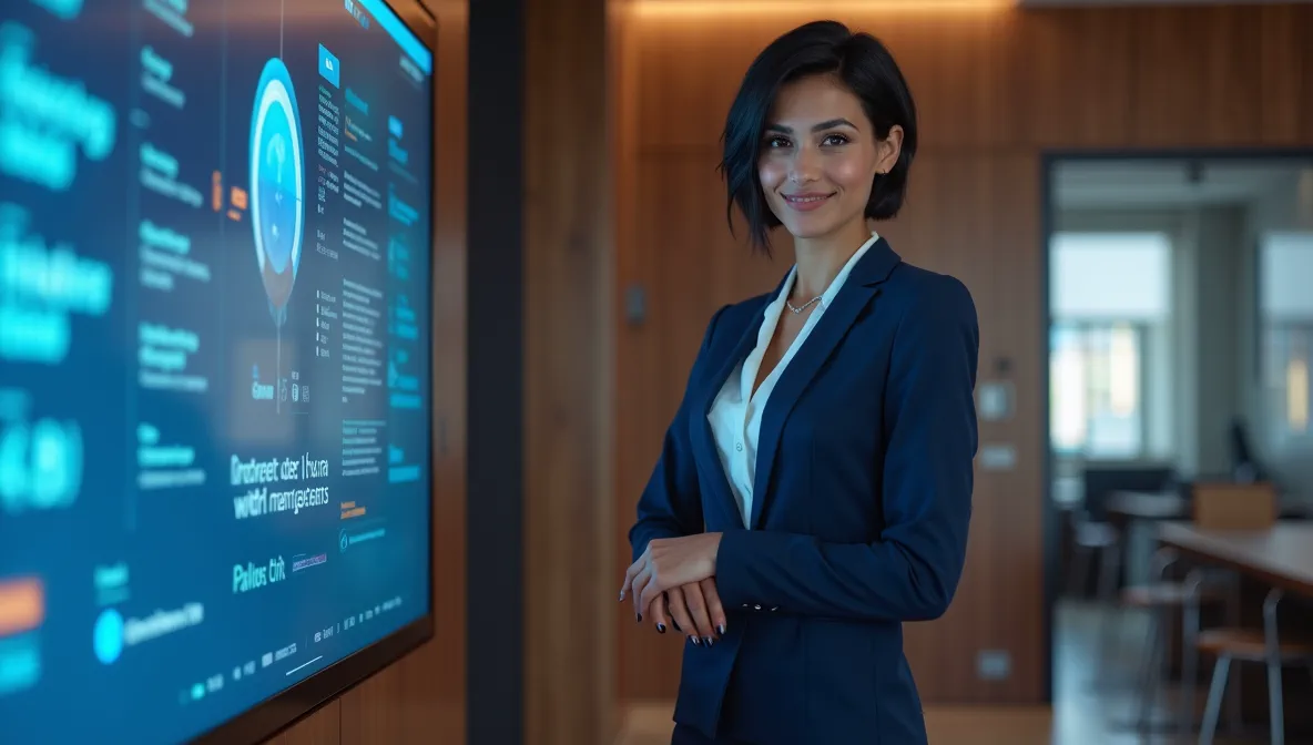 Ejecutiva mexicana presentando interfaz ERP personalizada en elegante oficina, destacando beneficios de crear formularios eficientes sin programación.