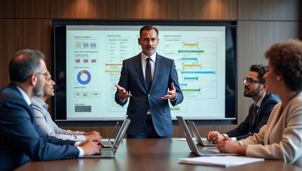 Líder de equipo mexicano dirigiendo sesión de capacitación con pizarra de procesos, representando la prevención de errores en sistemas ERP.