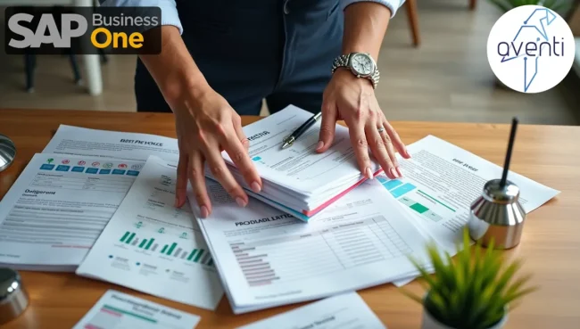 Vista aérea de escritorio organizado con documentos de mejores prácticas, manos de profesional mexicano ordenando flujos de trabajo financieros.