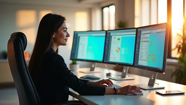 Espacio de trabajo moderno con múltiples monitores SAP y contador mexicano trabajando eficientemente, mostrando optimización de procesos contables.