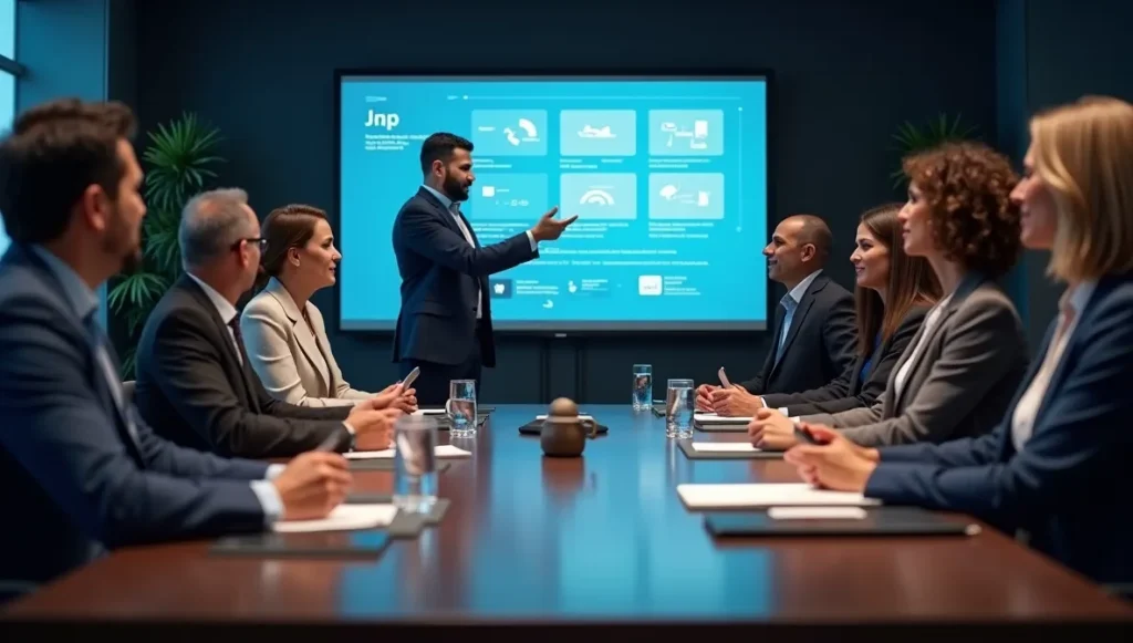 Sala de capacitación corporativa mexicana con ejecutivos aprendiendo sobre módulos integrados y optimización de procesos empresariales avanzados.