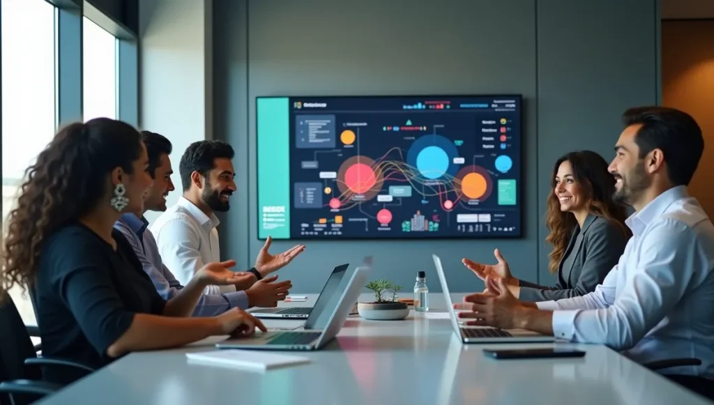 Grupo de profesionales mexicanos colaborando eficazmente, representando ventajas como mayor control y eficiencia por usar acuerdos comerciales globales.