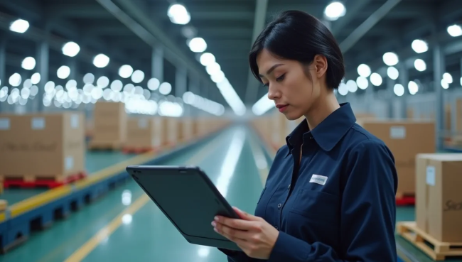 Centro de distribución mexicano automatizado con coordinador supervisando operaciones en tablet, demostrando integración logística eficiente.