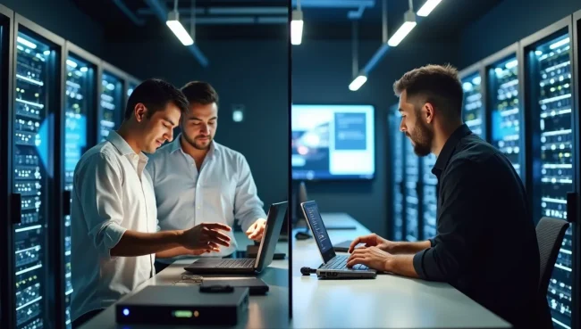 Comparación visual entre sala de servidores empresariales y oficina pequeña, representando las diferentes escalas de soluciones SAP disponibles.