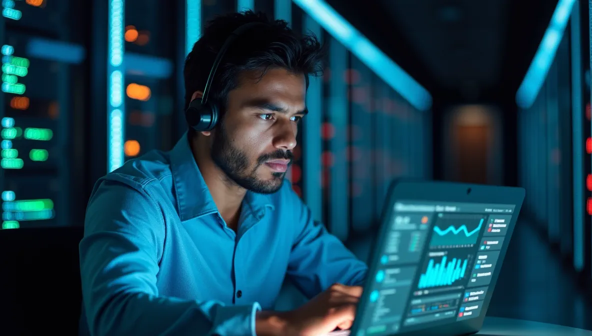 Especialista en soporte técnico mexicano trabajando en laptop con pantallas de diagnóstico, mostrando la resolución avanzada de problemas SAP.