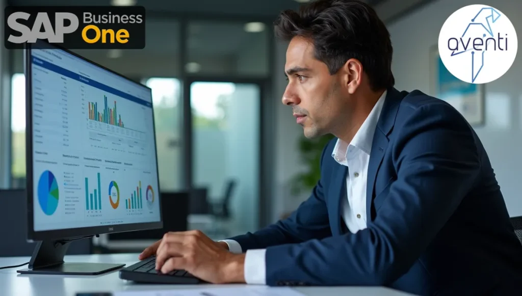 Analista mexicano revisando reportes de transacciones SAP Business One en monitor grande, mostrando control y análisis de operaciones empresariales en oficina moderna.
