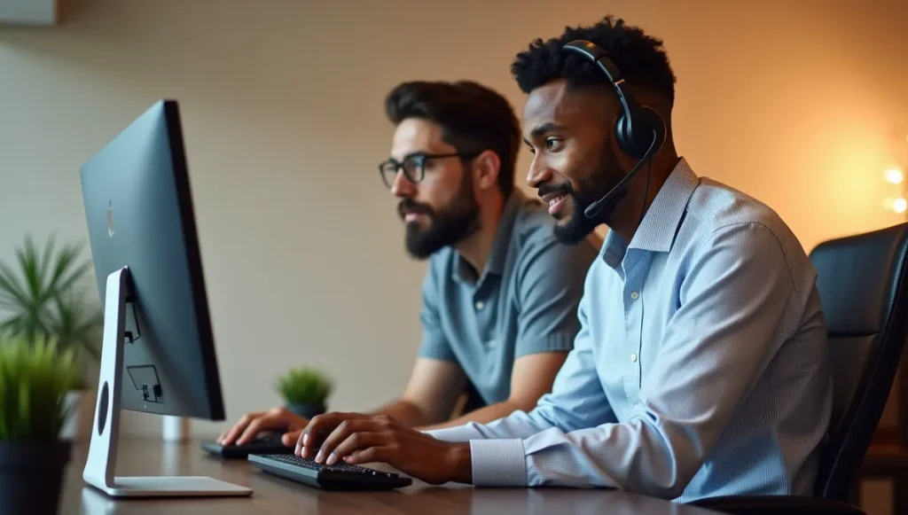 Especialista mexicano de soporte técnico ayudando a colega en estación de trabajo, colaborando en la resolución de incidencias en SAP Business One en ambiente corporativo.