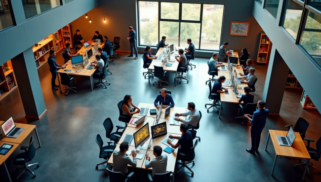 Vista aérea de espacio de trabajo corporativo mexicano con estaciones conectadas, mostrando colaboración interdepartamental y flujos automatizados.