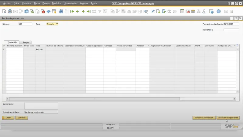Captura de pantalla recibo de produccion sap business one mexico