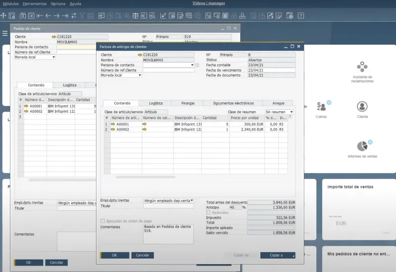 Captura de pantalla, factura en anticipo en SAP Business One