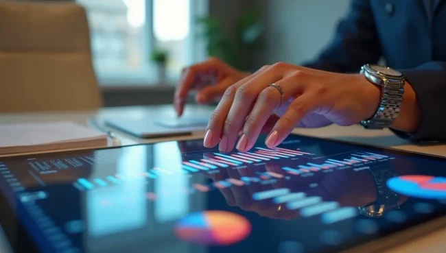 Pantalla digital mostrando gráficas claras e intuitivas del flujo financiero, usada por profesional mexicano para entender entradas y salidas de efectivo.