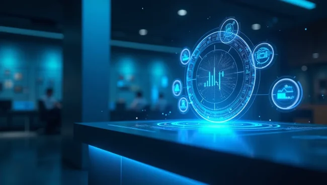 Interfaz visual tecnológica mostrando integración completa del módulo financiero con ventas, compras y bancos mediante gráficos y conexiones digitales.