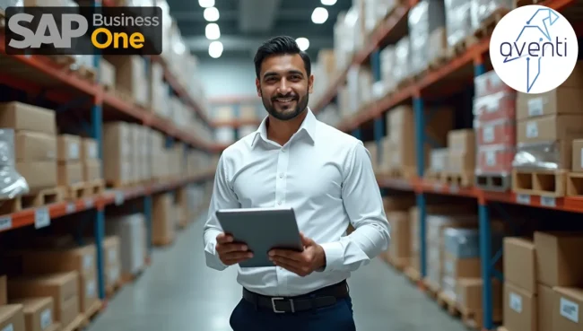 Trabajador mexicano en almacén moderno usando tablet con Kardex SAP Business One, mostrando gestión profesional de inventario con sistema digital.