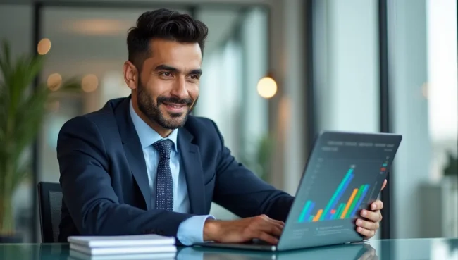 Ejecutivo mexicano en traje analizando datos financieros en laptop con dashboard colorido, mostrando importancia del control de partidas abiertas SAP.