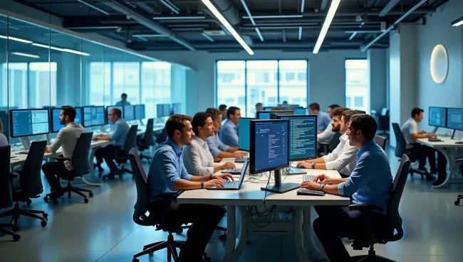 Oficina corporativa mexicana mostrando equipos trabajando con módulos integrados de SAP para ventas, compras, inventario y contabilidad sincronizados.